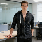 Men's Casual Hooded Vertical Striped Linen Shirt