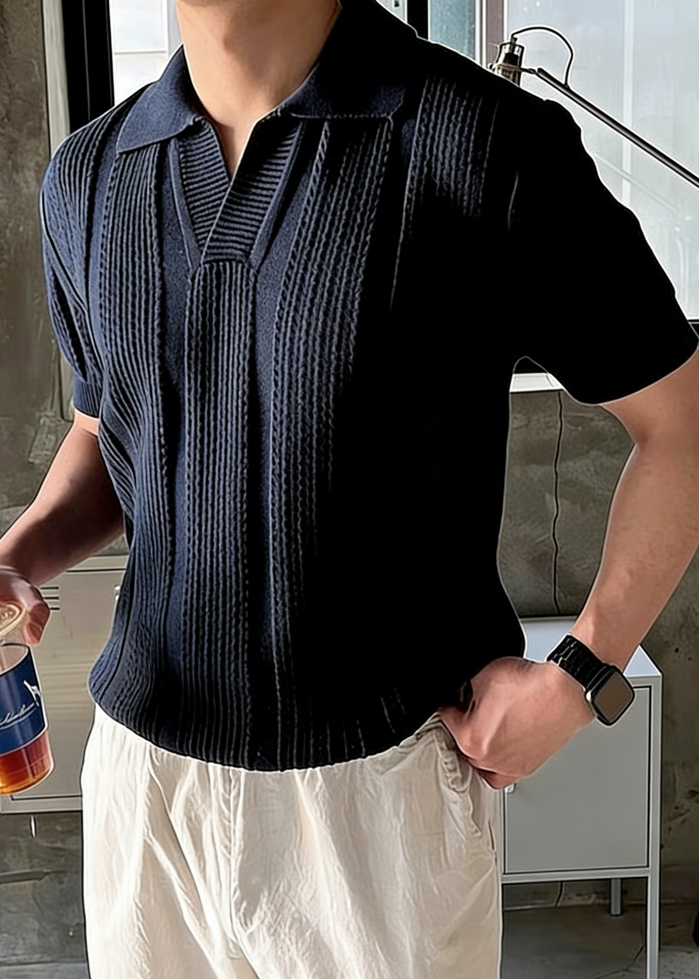 Retro Knitted Polo Shirt for Men - Breathable V-Neck Hollow Out Mesh Short Sleeve Ice Silk Knitwear