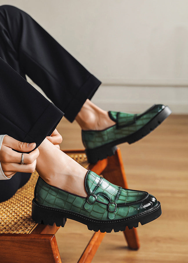 Men’s Double Buckle Chunky Sole Loafers – Retro Slip-On Dress Shoes