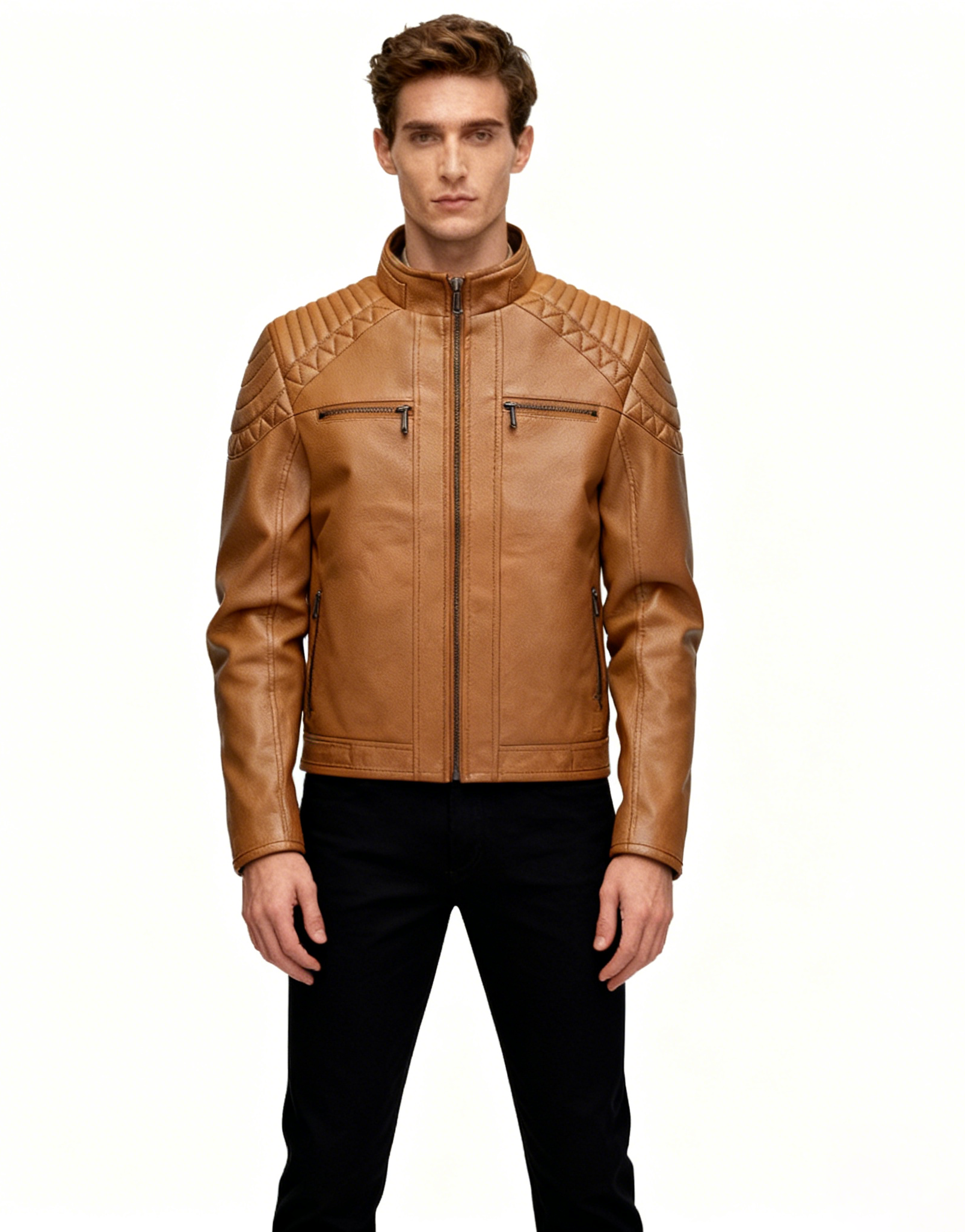 Fleece-Lined Stand Collar Leather Jacket
