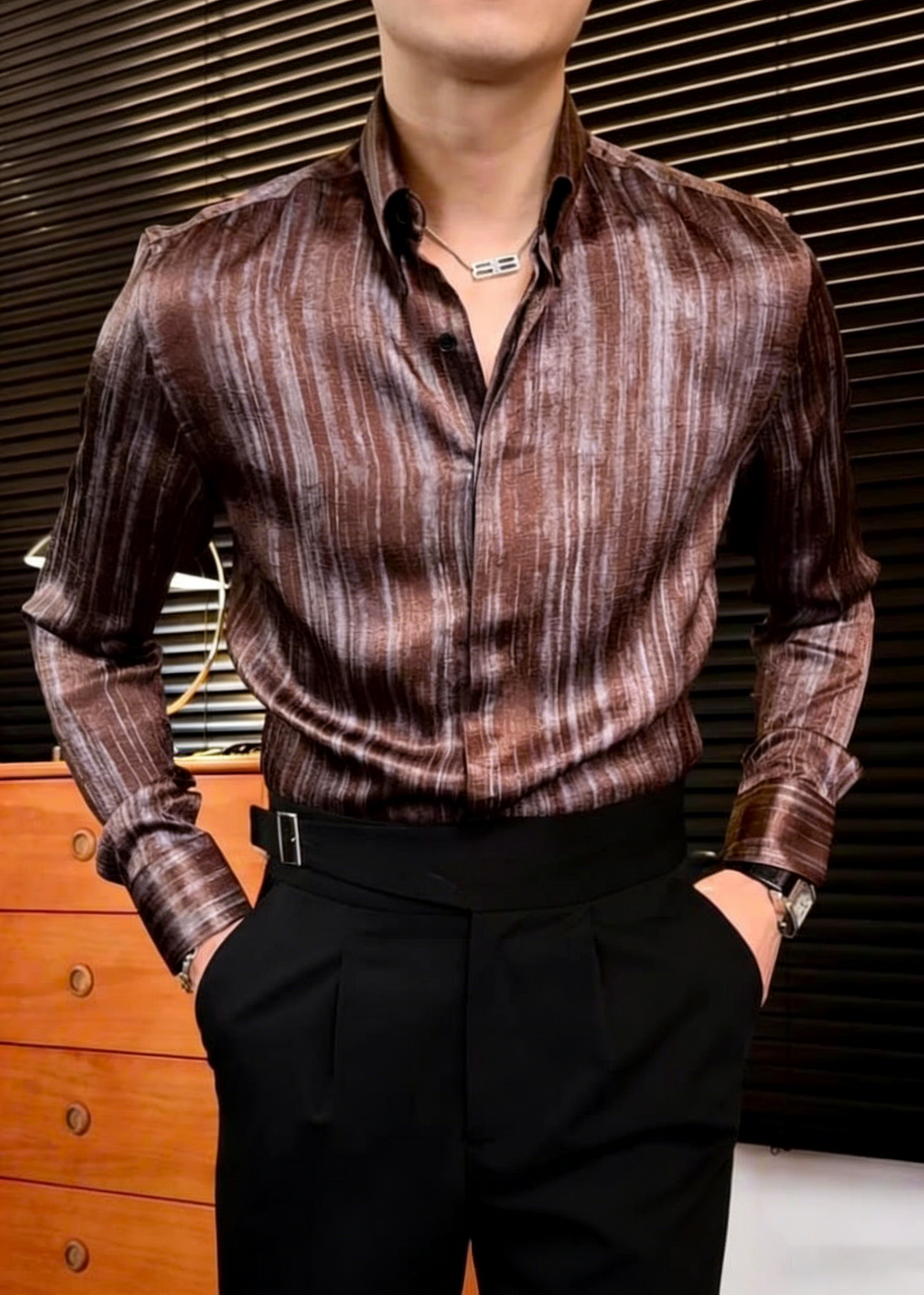 Men’s Premium Draped Stripe Dress Shirt – Wrinkle-Free Hidden Button Lapel Shirt