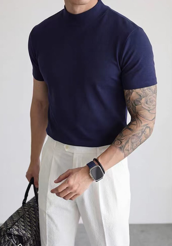 Men's Premium Mock Neck Fitted Short-Sleeve Base T-Shirt