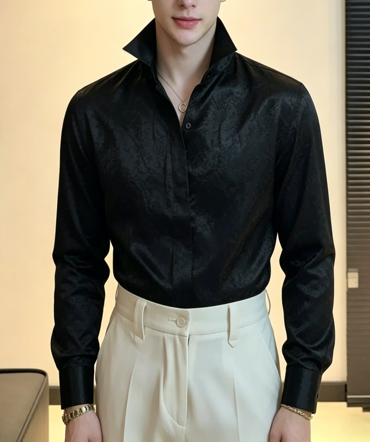 Premium Wrinkle-Textured Silky Long-Sleeve Shirt