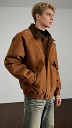 Contrast-Color Suede Lapel Padded Jacket