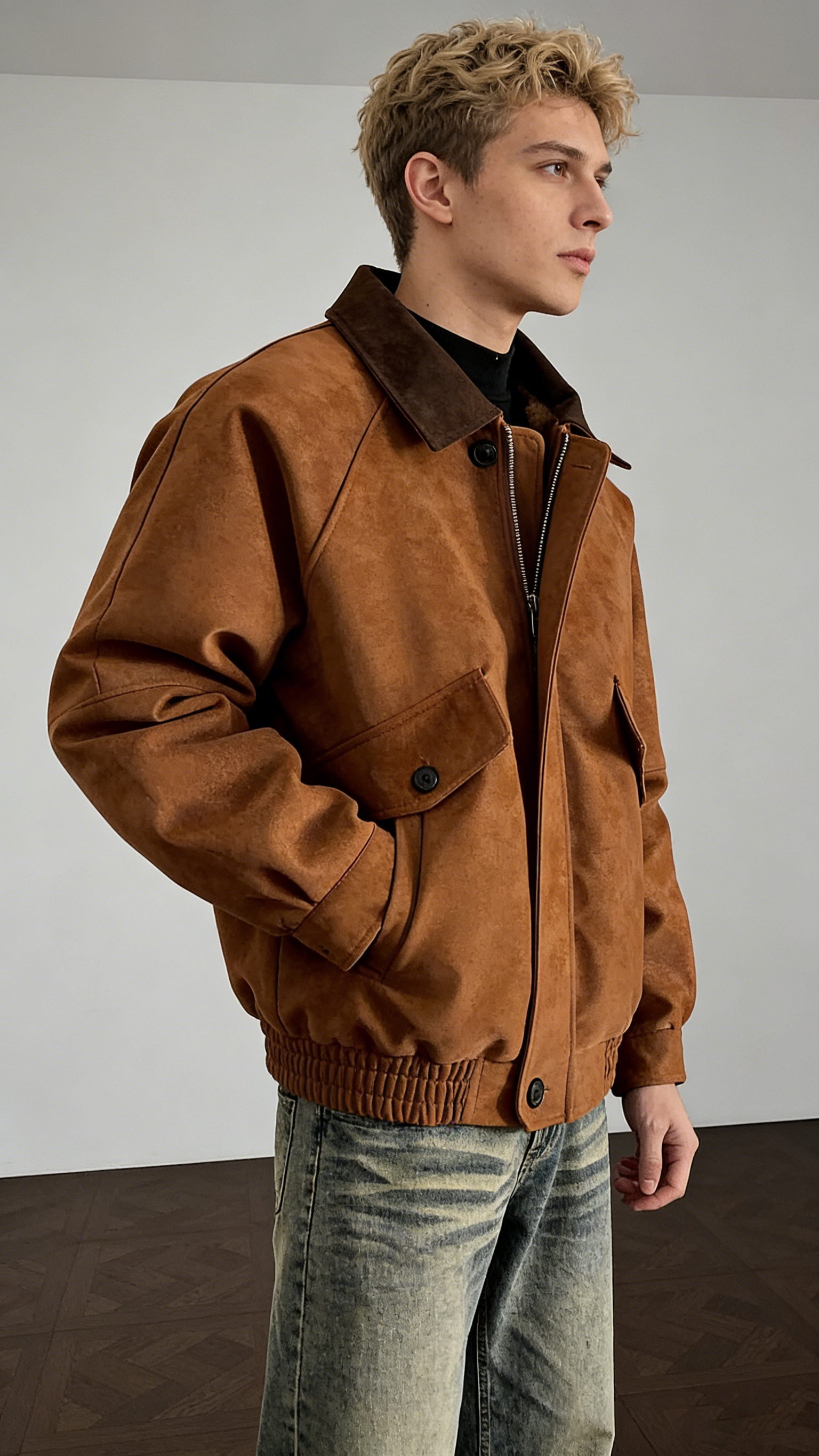 Contrast-Color Suede Lapel Padded Jacket
