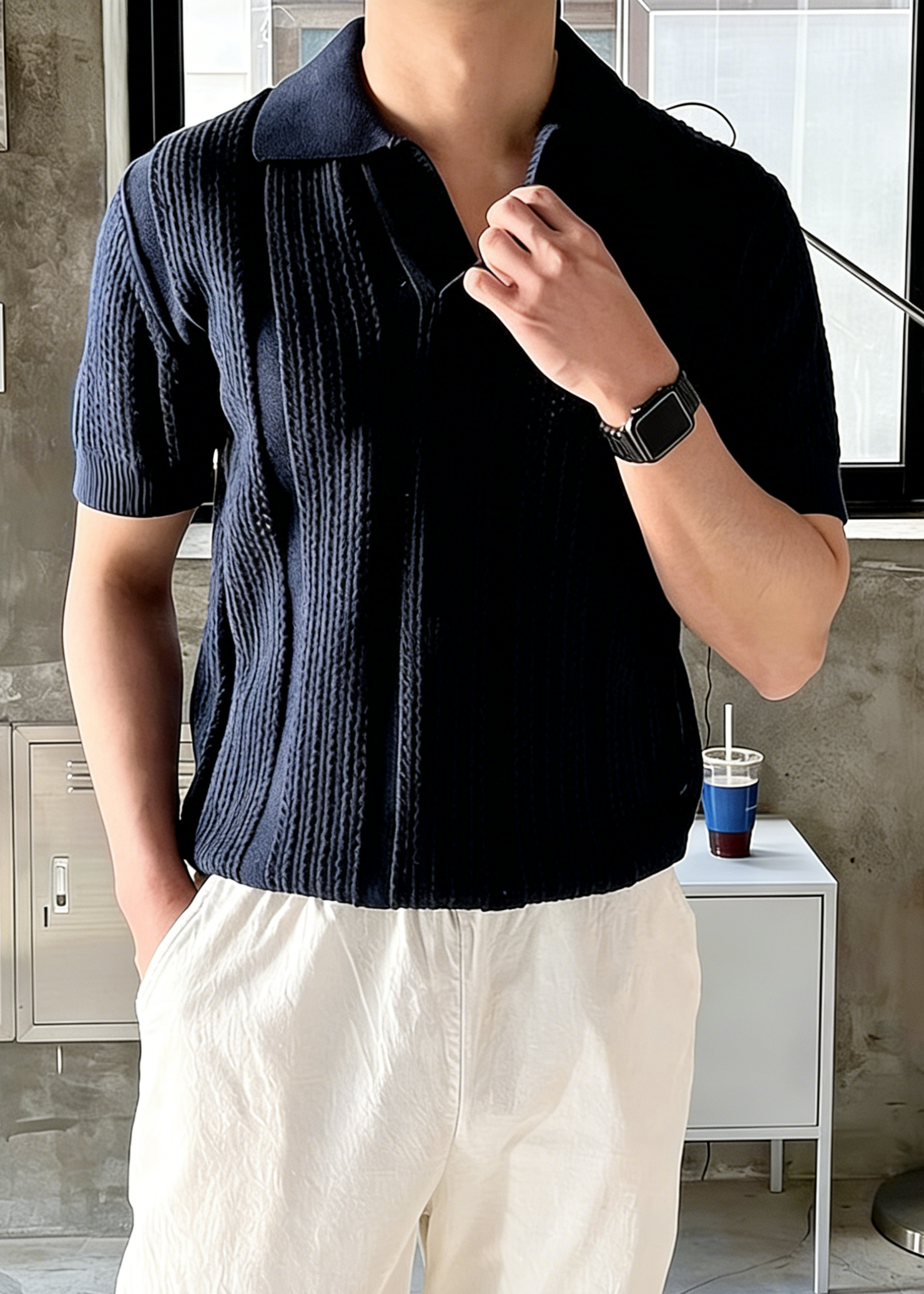 Retro Knitted Polo Shirt for Men - Breathable V-Neck Hollow Out Mesh Short Sleeve Ice Silk Knitwear