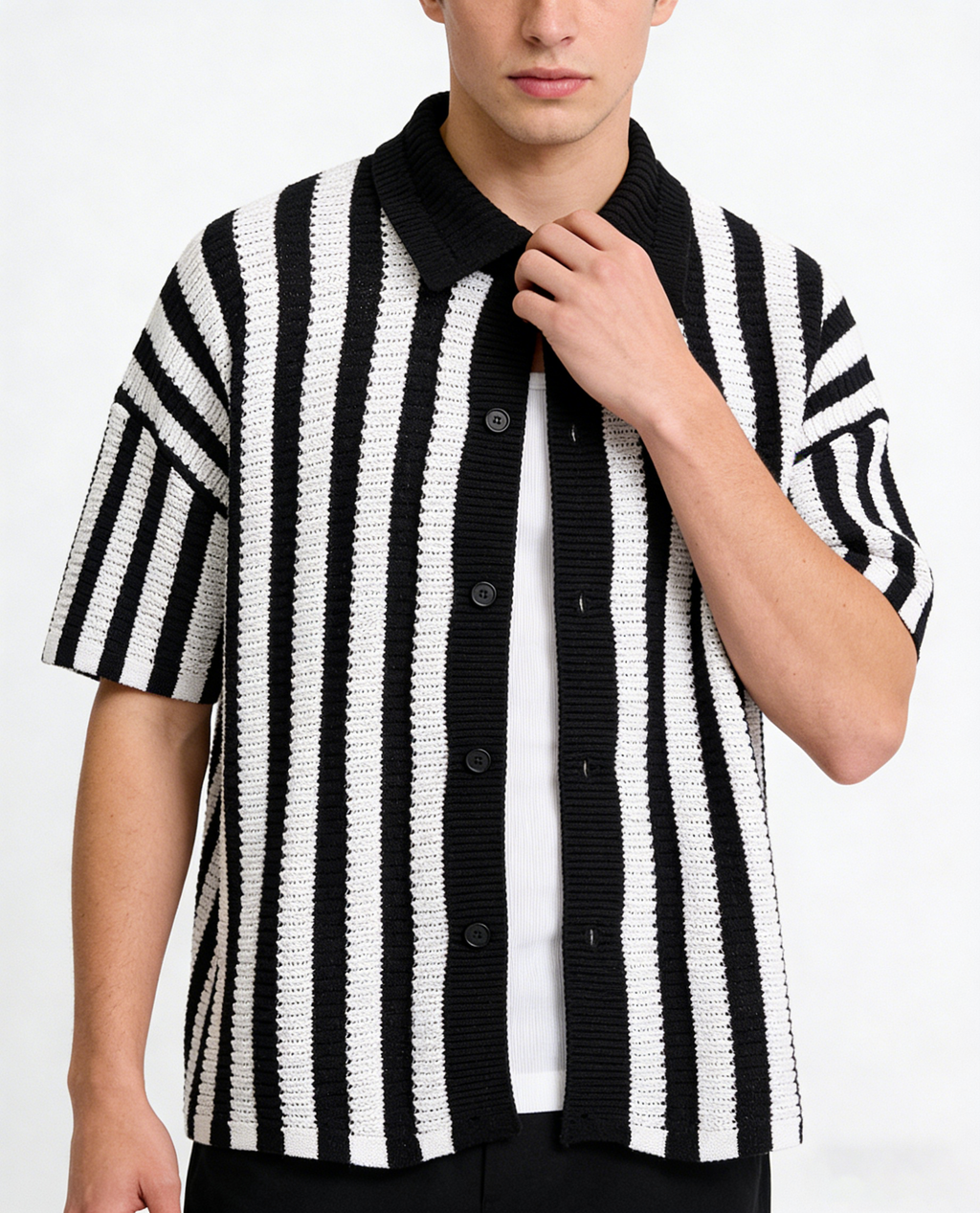 Men's Retro Knitted Striped Camp Collar Shirt
