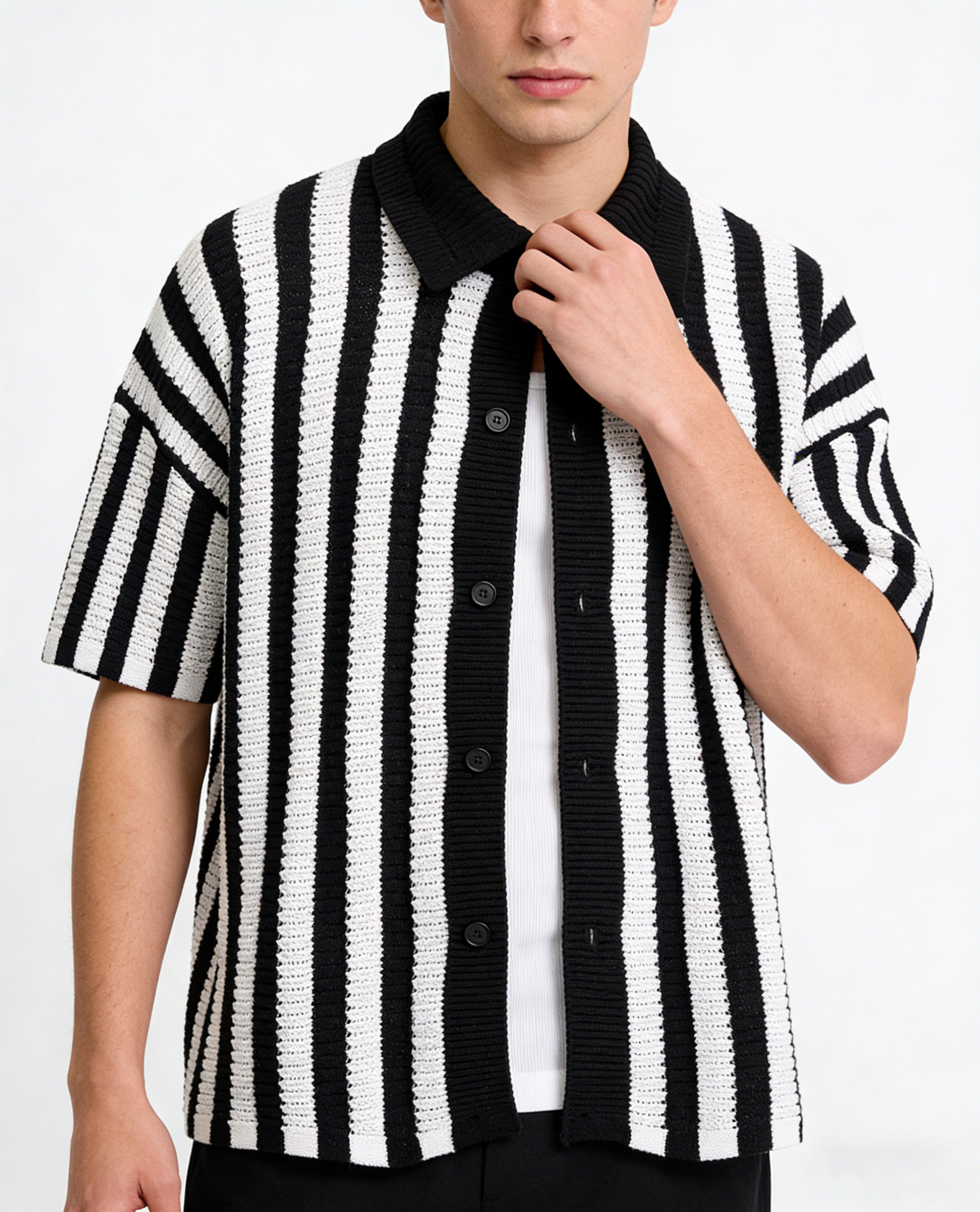 Men's Retro Knitted Striped Camp Collar Shirt