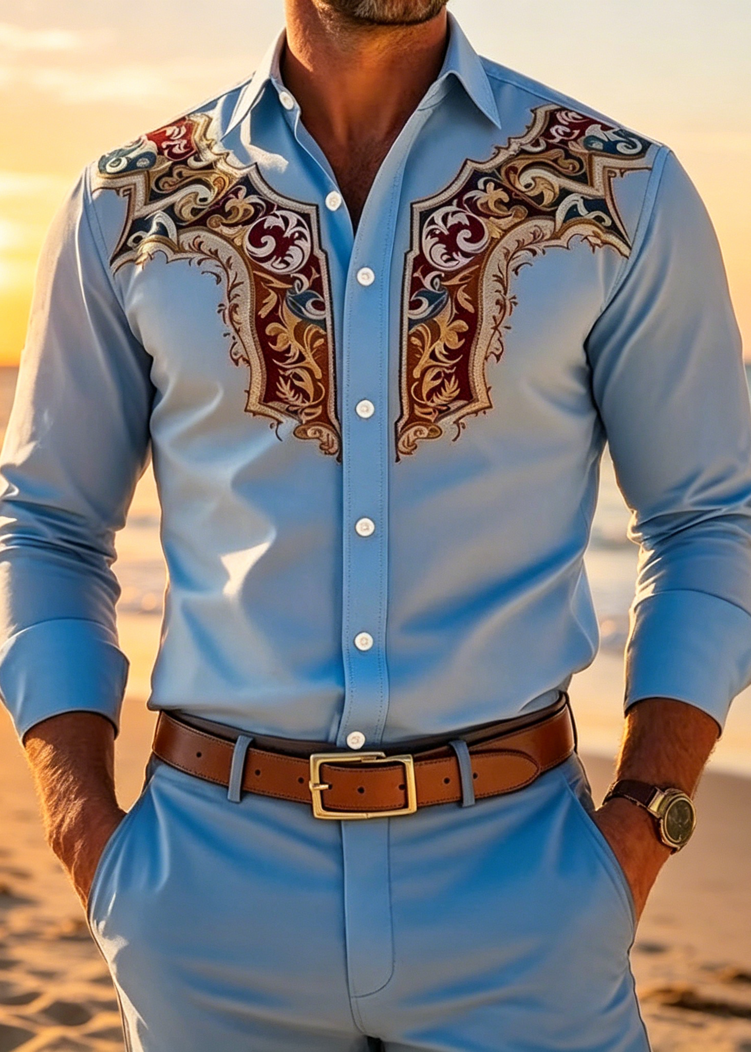 Men’s Western Embroidered Stretch Shirt – Vintage Cowboy Business Casual Button-Up