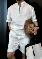 Men's Old Money Linen Half-Zip Short Sleeve Set – Luxury Summer Casual Outfit