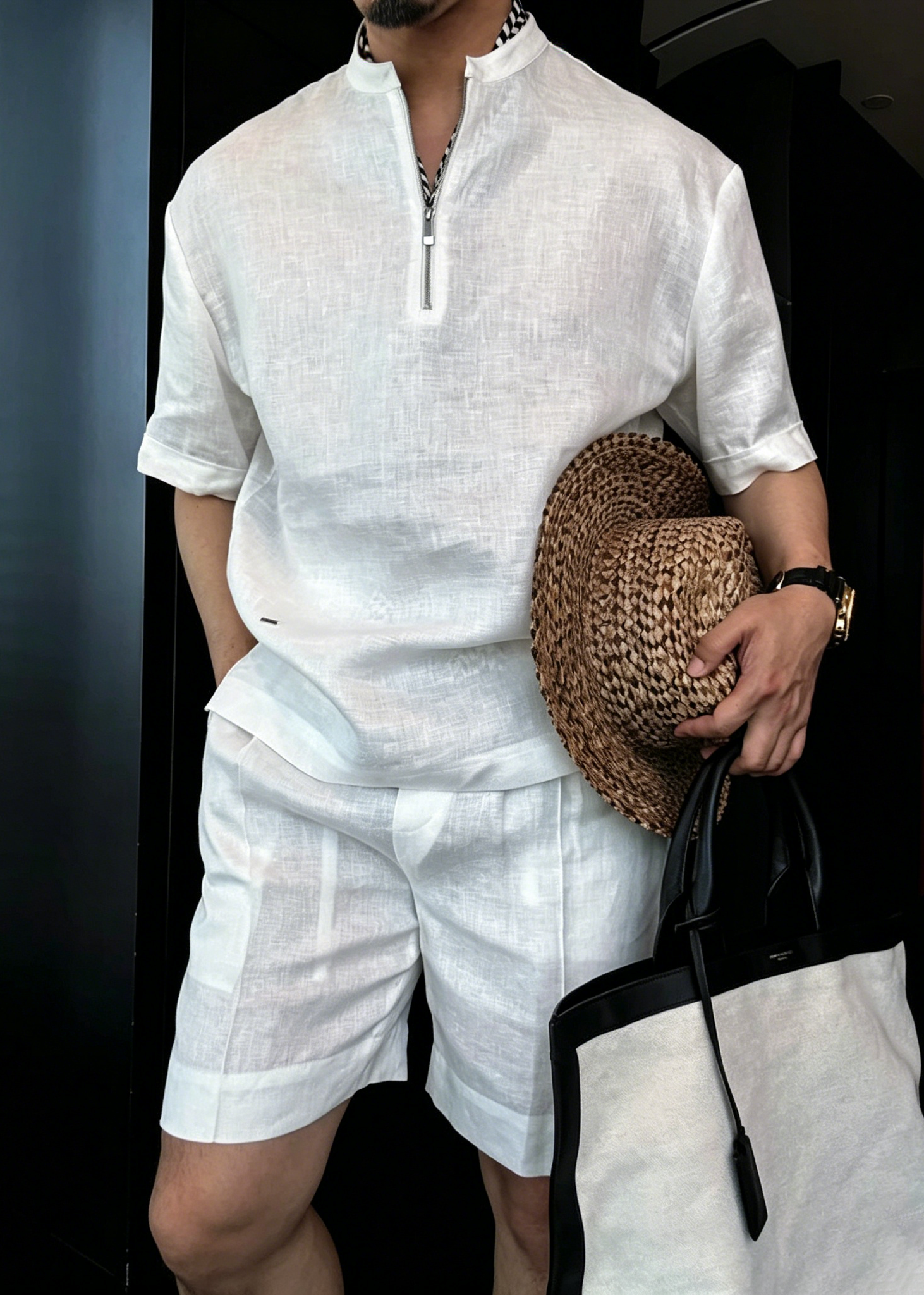 Men's Old Money Linen Half-Zip Short Sleeve Set – Luxury Summer Casual Outfit