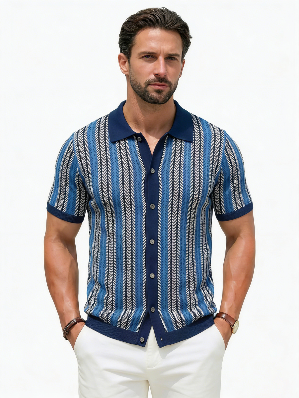 Men's Vintage Vertical Striped Knit Short Sleeve Cardigan