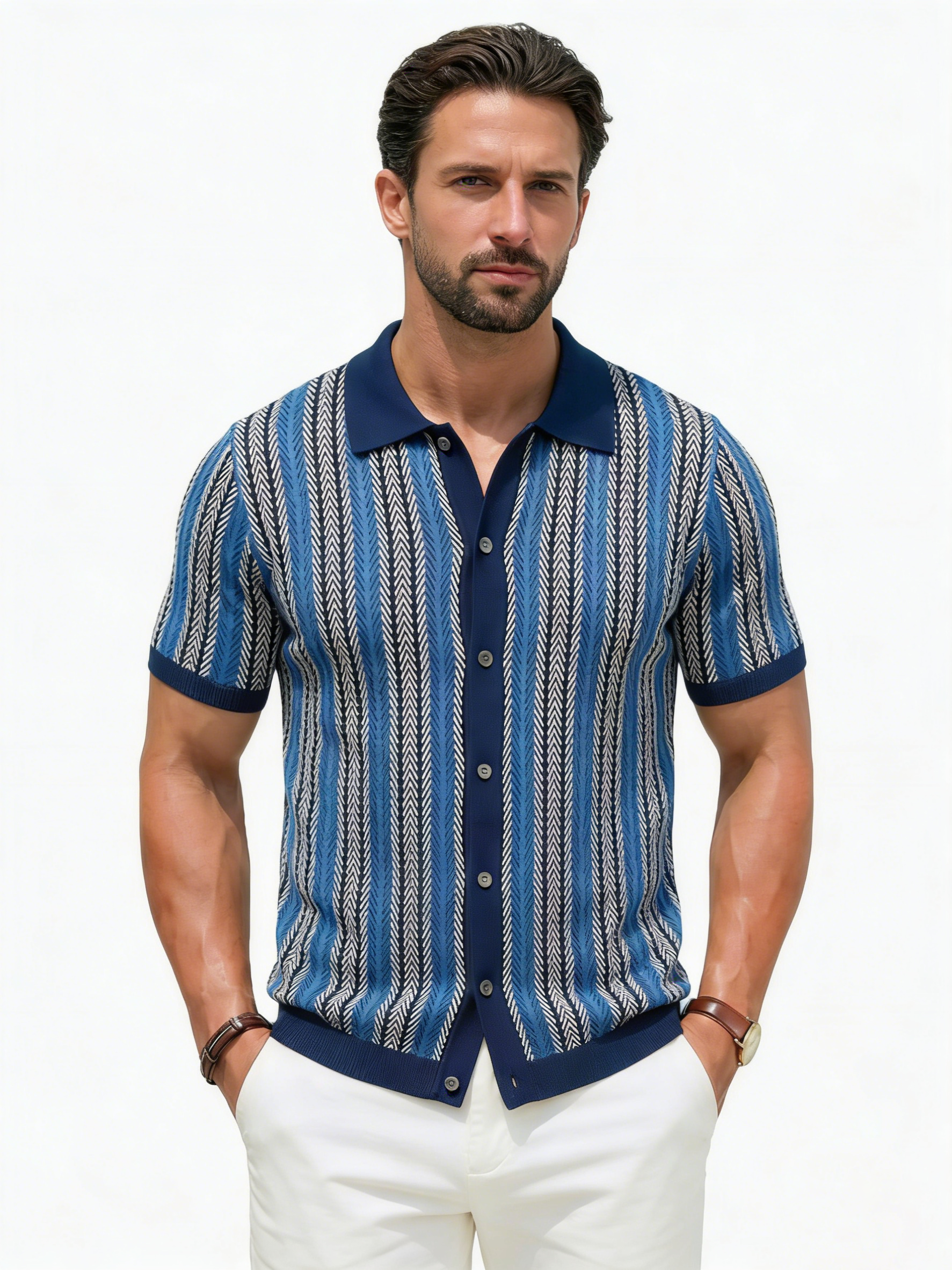 Men's Vintage Vertical Striped Knit Short Sleeve Cardigan