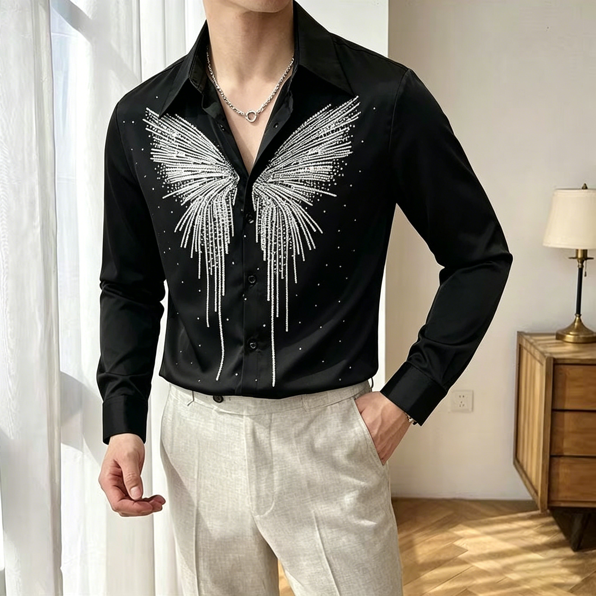 Men's Luxury Shiny Butterfly Rhinestone Slim-Fit Shirt