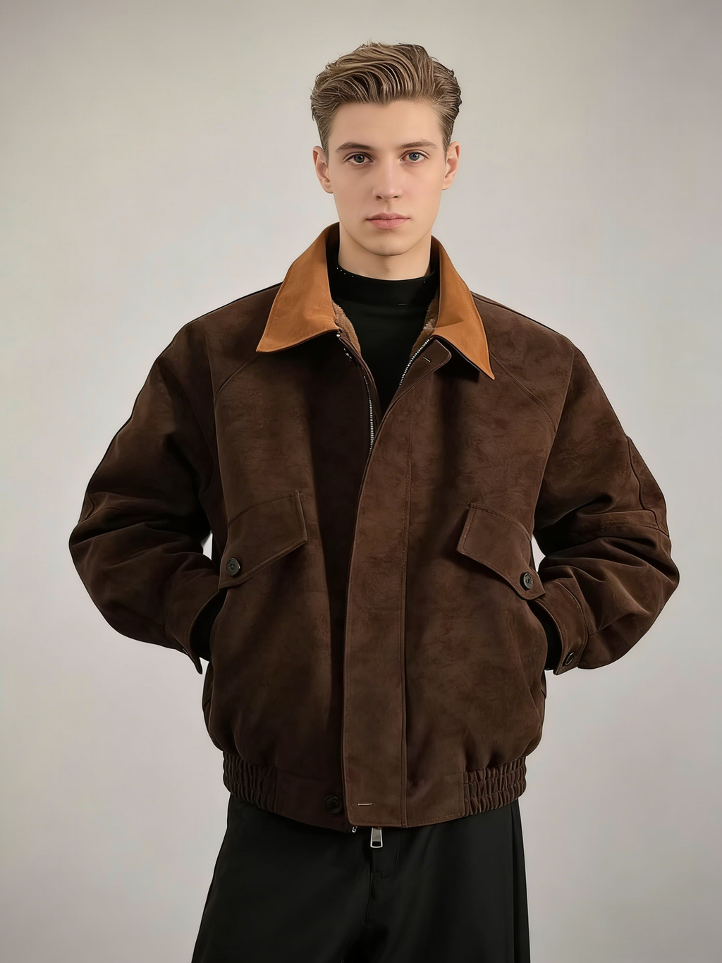 Contrast-Color Suede Lapel Padded Jacket