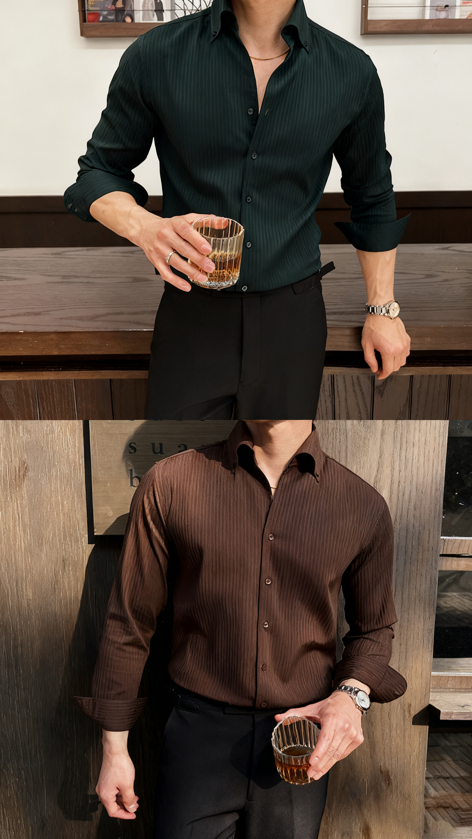 Men’s Premium Striped V-Neck Stand Collar Shirt — Elegant Modern Fit for Business & Leisure