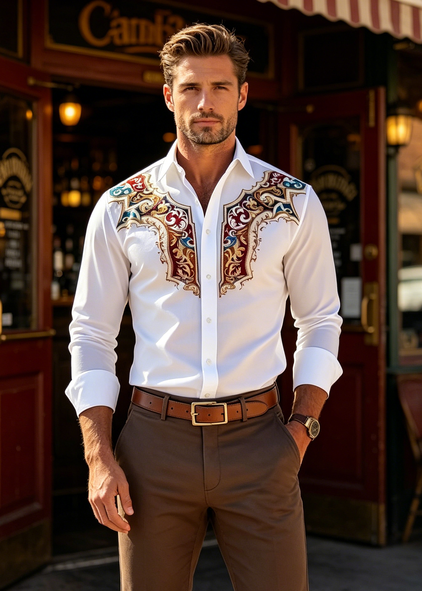 Men’s Western Embroidered Stretch Shirt – Vintage Cowboy Business Casual Button-Up