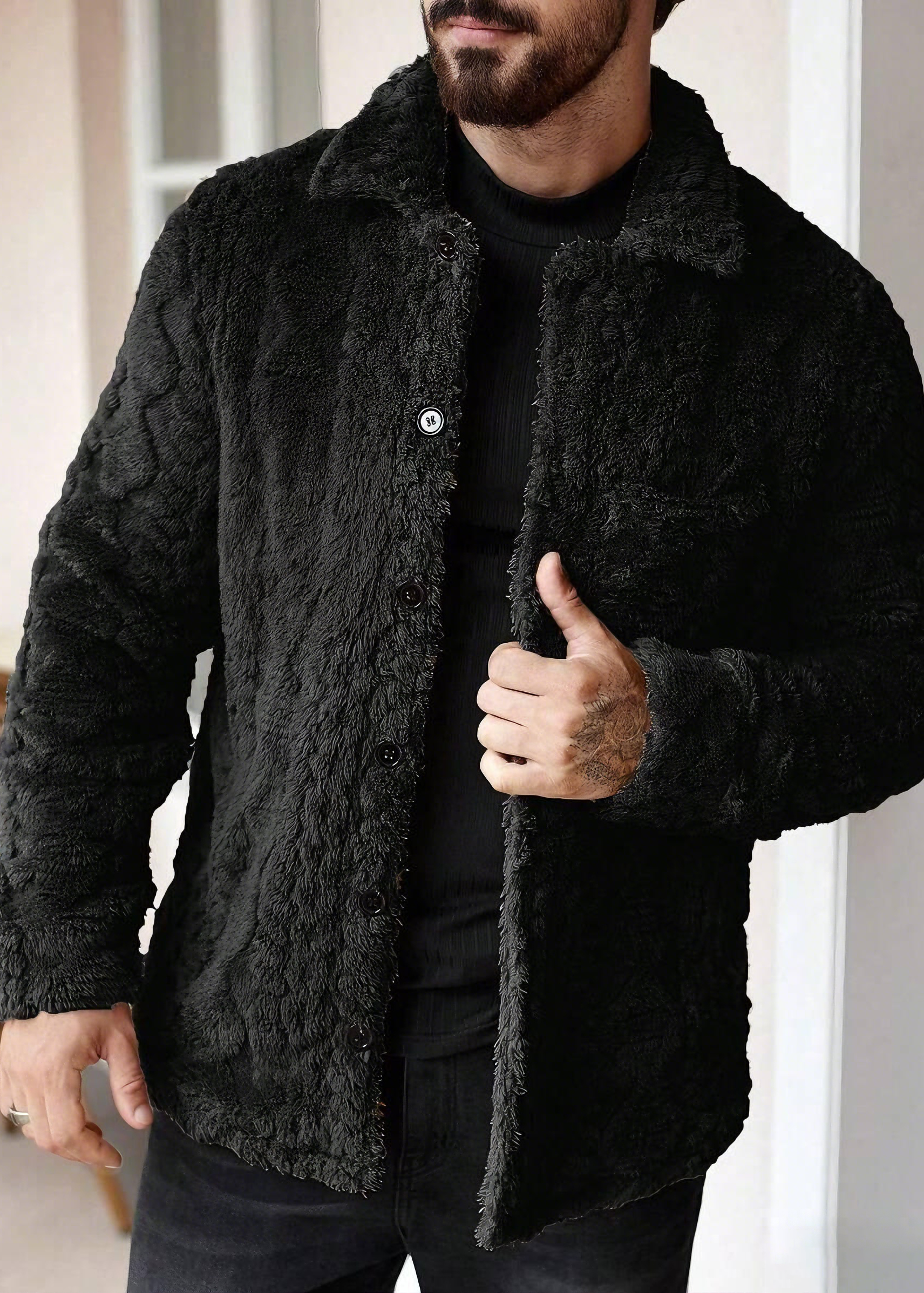 Vintage Jacquard Fleece Jacket for Men – Warm Winter Lapel Outerwear