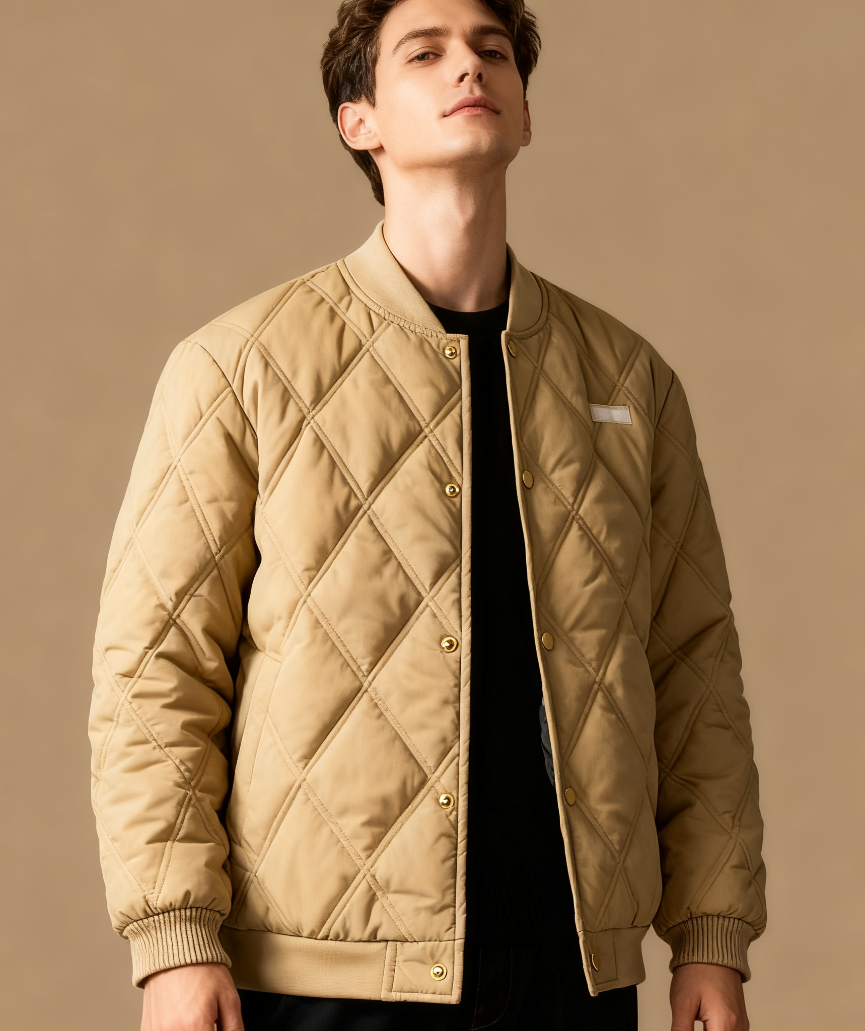 Diamond Quilted Stand-Collar Baseball Jacket