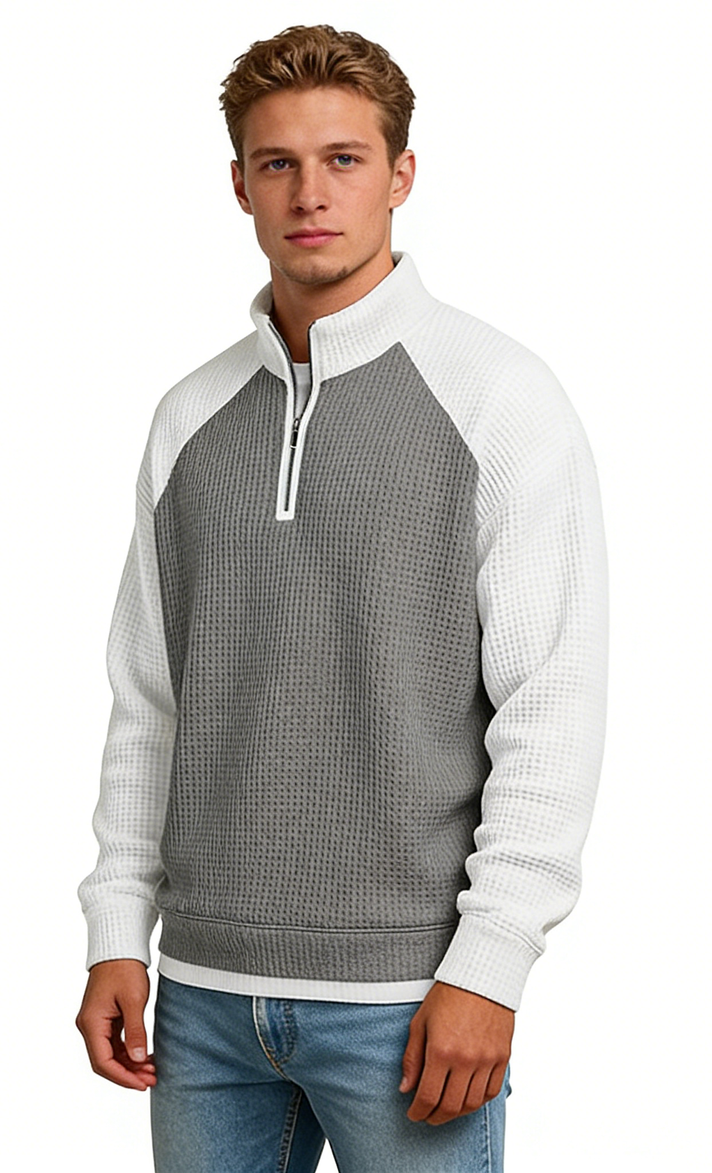 Men's Casual Color-Block Waffle Knit Quarter-Zip Pullover