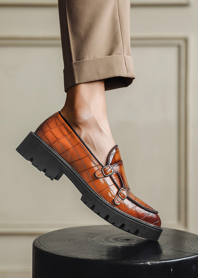 Men’s Double Buckle Chunky Sole Loafers – Retro Slip-On Dress Shoes