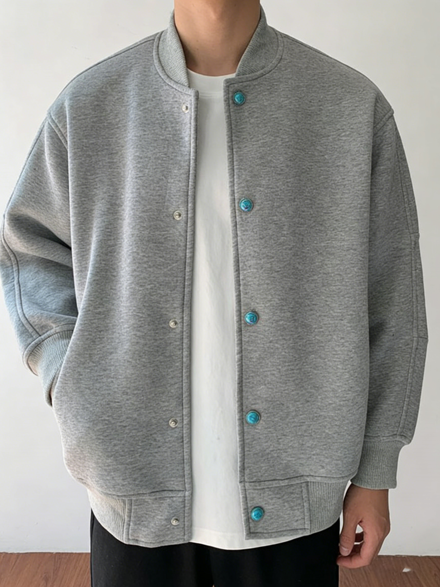 Men’s Smart Casual Stand Collar Jacket – Turquoise Accent Lightweight Coat