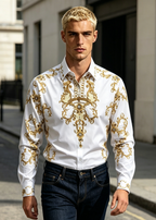 Men's Luxury Baroque Gold Print Shirt - Slim Fit Rhinestone Long Sleeve