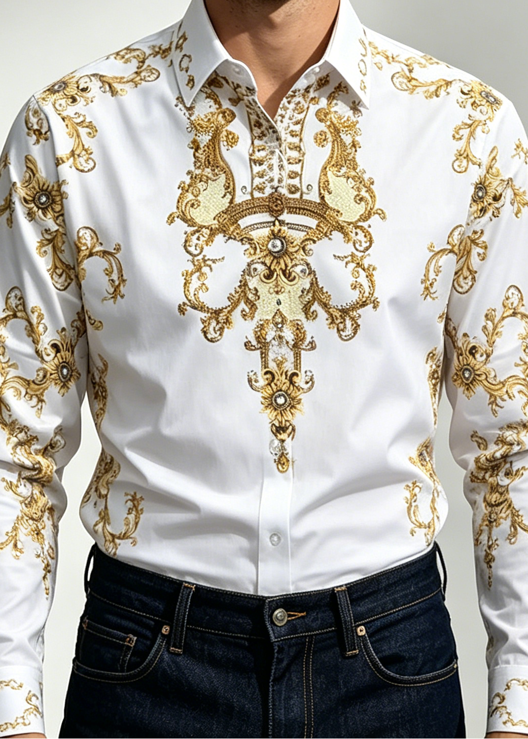 Luxury Baroque Butterfly Rhinestone Printed Shirt - Men's Slim Fit Non-Iron Vintage Dandy Dress Shirt