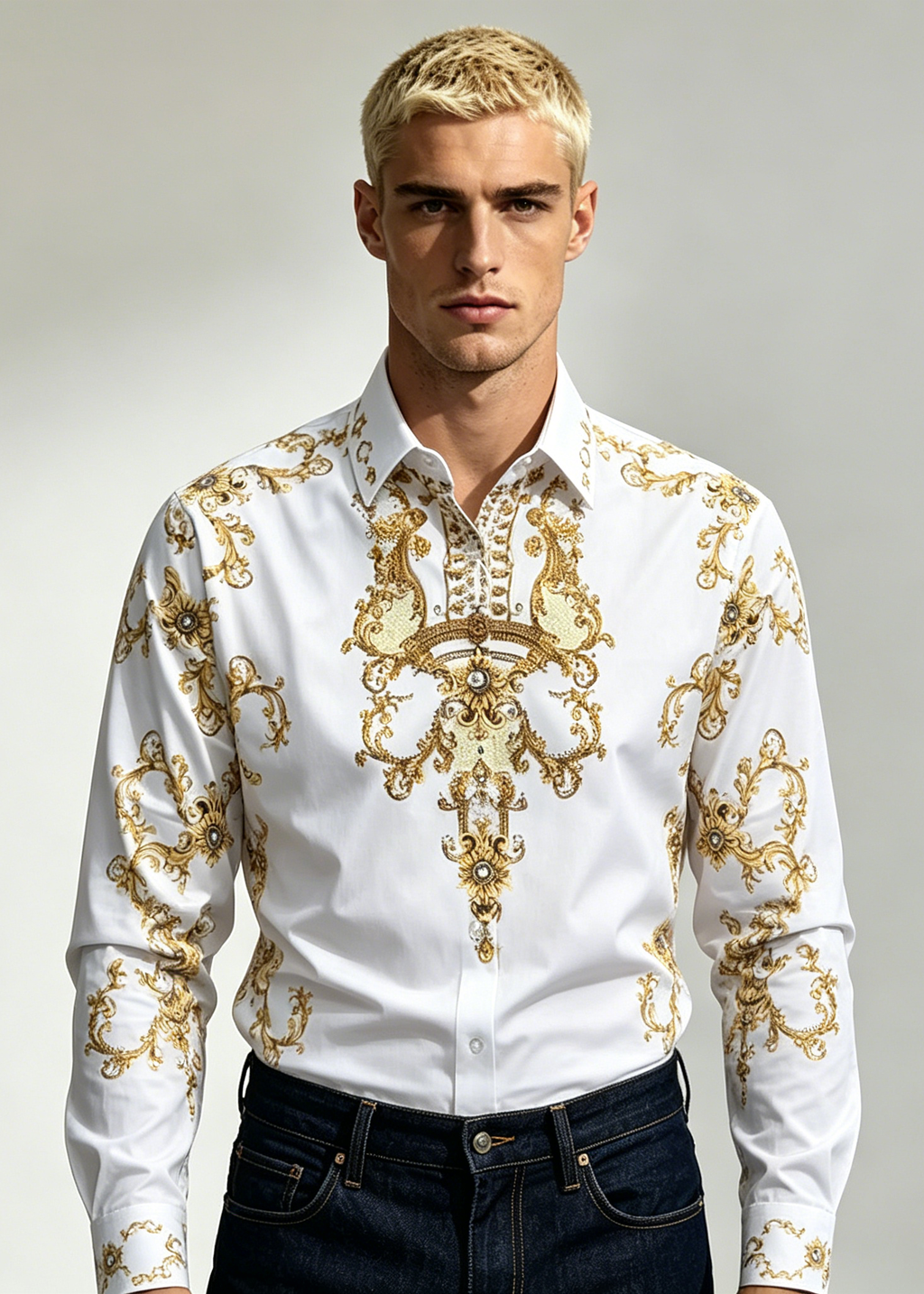 Men's Luxury Baroque Gold Print Shirt - Slim Fit Rhinestone Long Sleeve