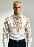 Men's Luxury Baroque Gold Print Shirt - Slim Fit Rhinestone Long Sleeve
