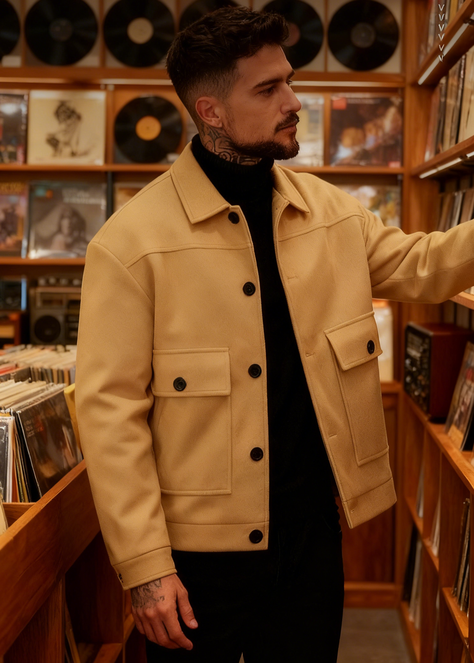 Men’s Casual Lightweight Wool-Blend Workwear Jacket – Button-Up Lapel Coat with Utility Patch Pockets