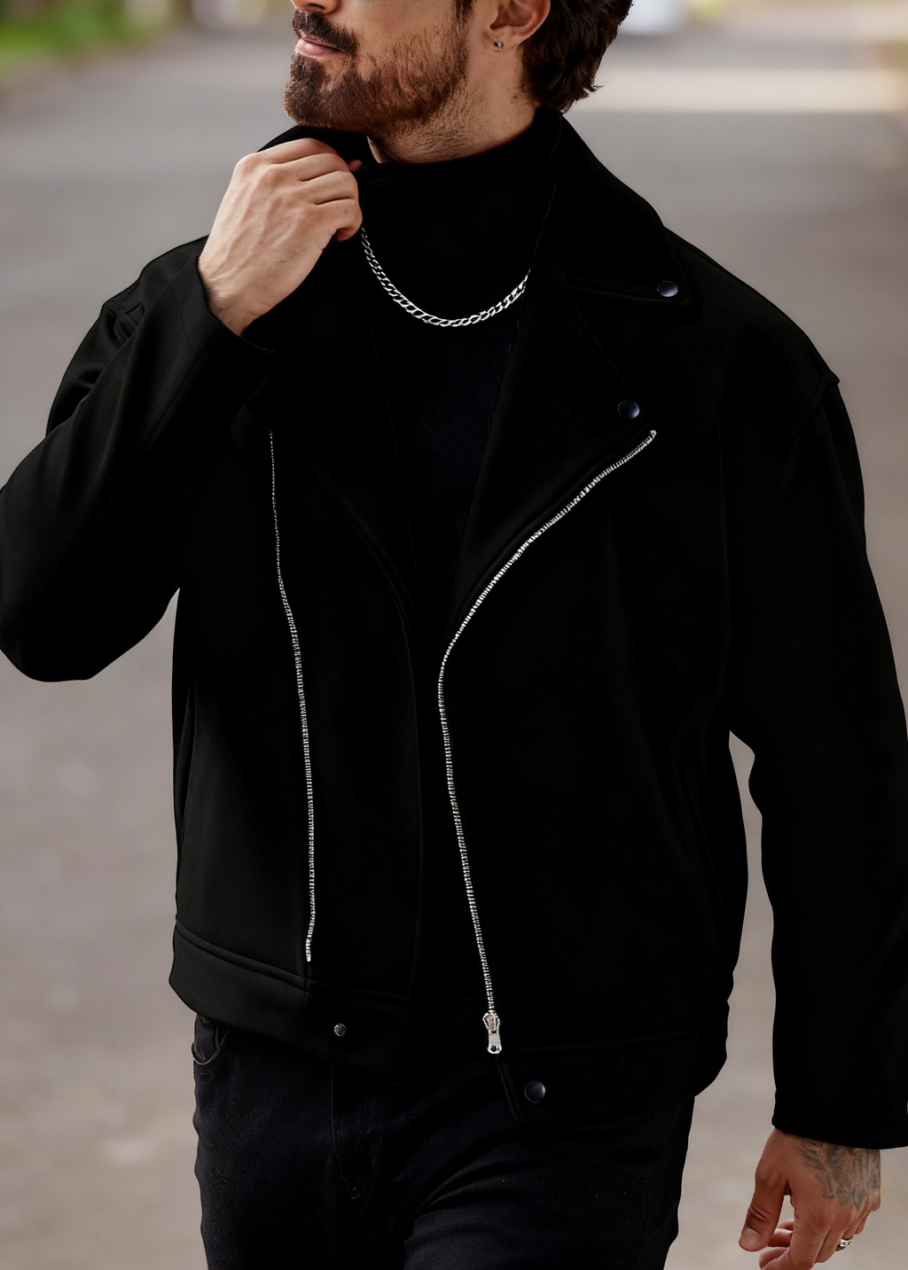 Men’s Asymmetric Zip Moto Jacket – Wide Lapel Coat, Casual Street Outerwear with Side