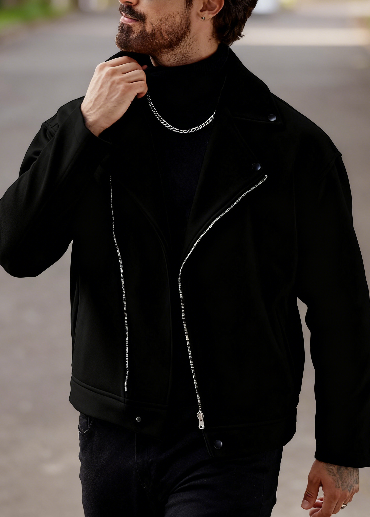 Men’s Asymmetric Zip Moto Jacket – Wide Lapel Coat, Casual Street Outerwear with Side