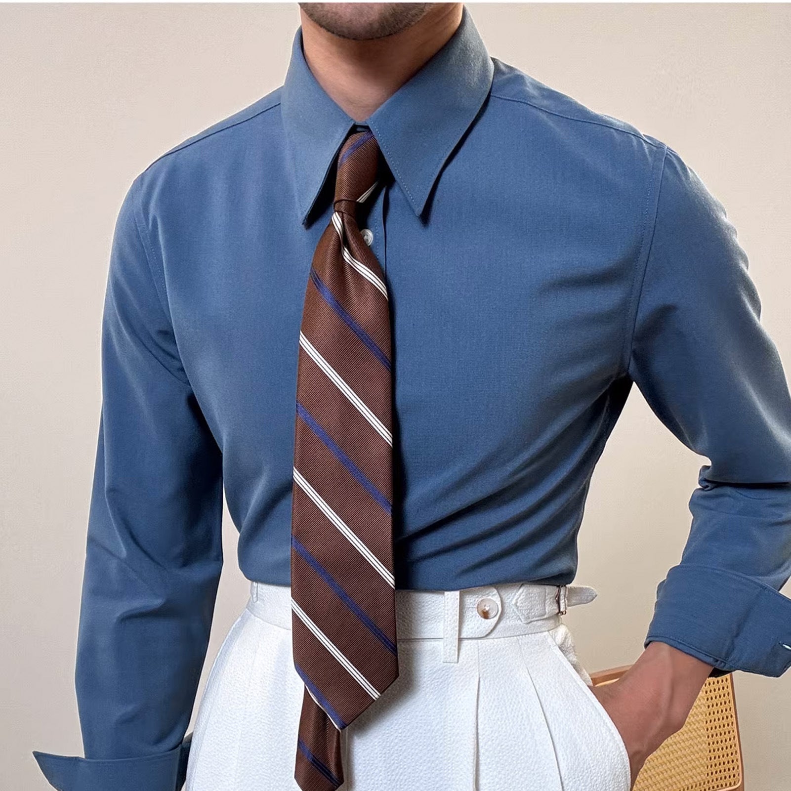 French-Inspired Imperial Collar Dress Shirt for Men – Long-Sleeve Anti-Wrinkle Elegant Point Collar Shirt