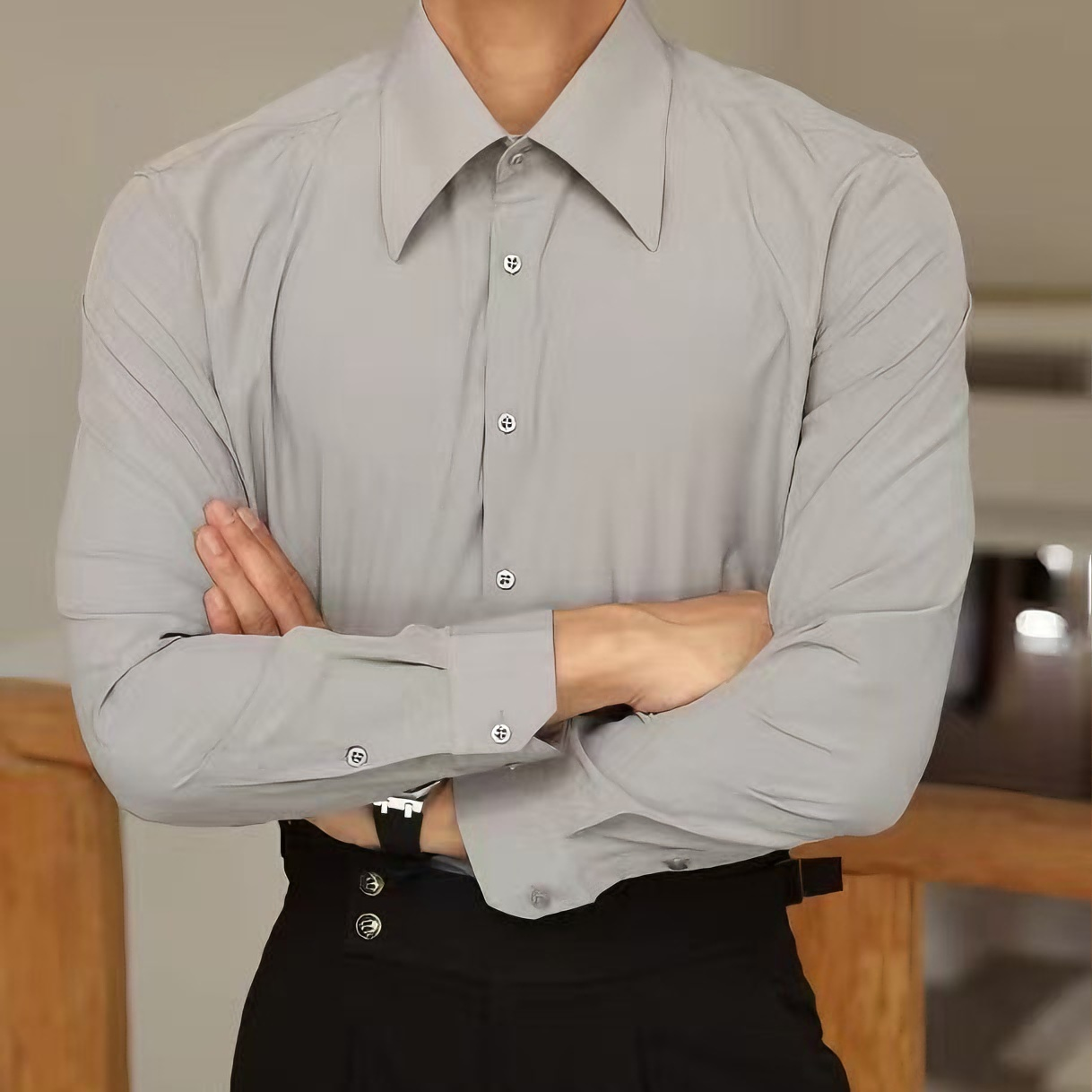 French-Inspired Imperial Collar Dress Shirt for Men – Long-Sleeve Anti-Wrinkle Elegant Point Collar Shirt