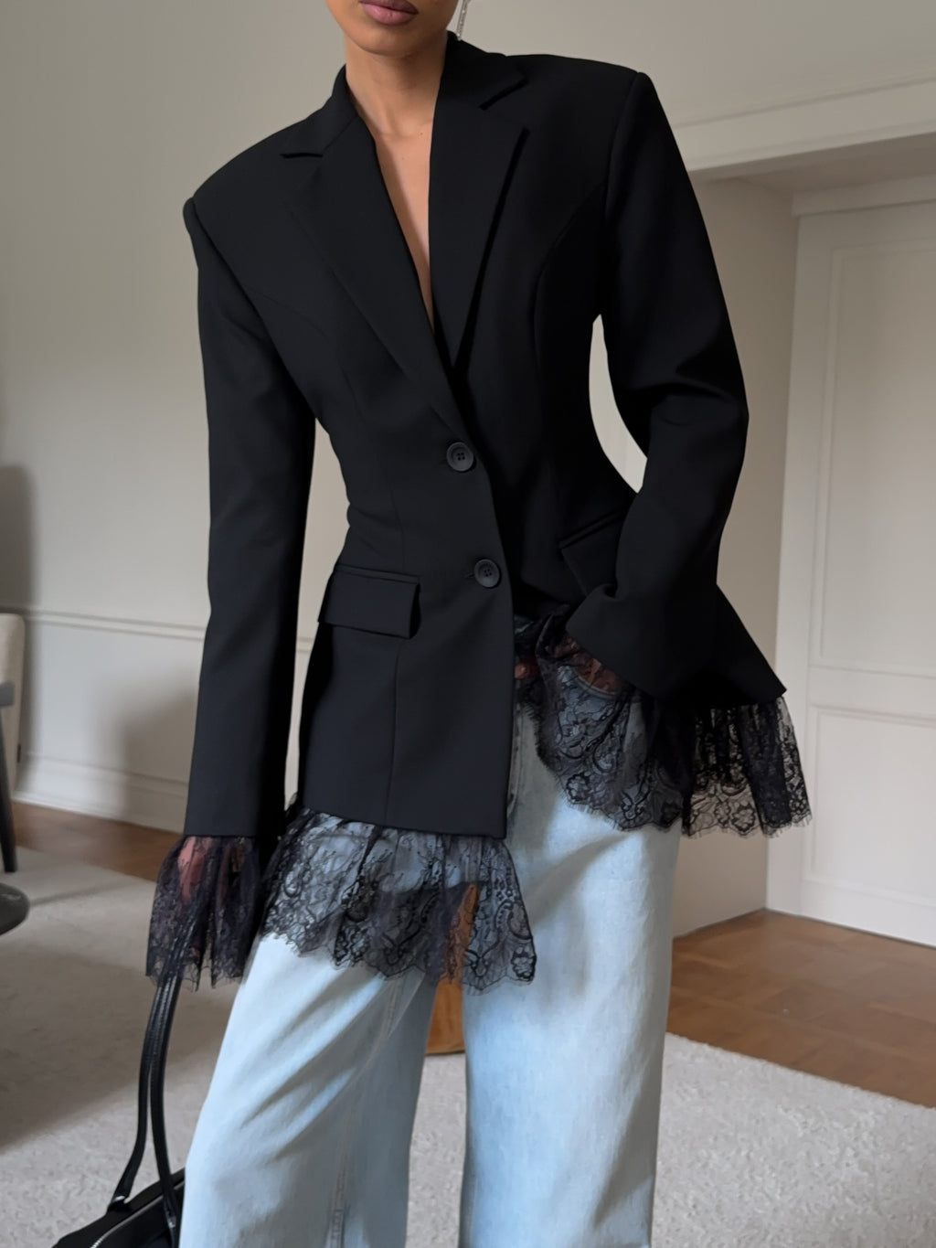 Elegant Lace-Trimmed Black Blazer