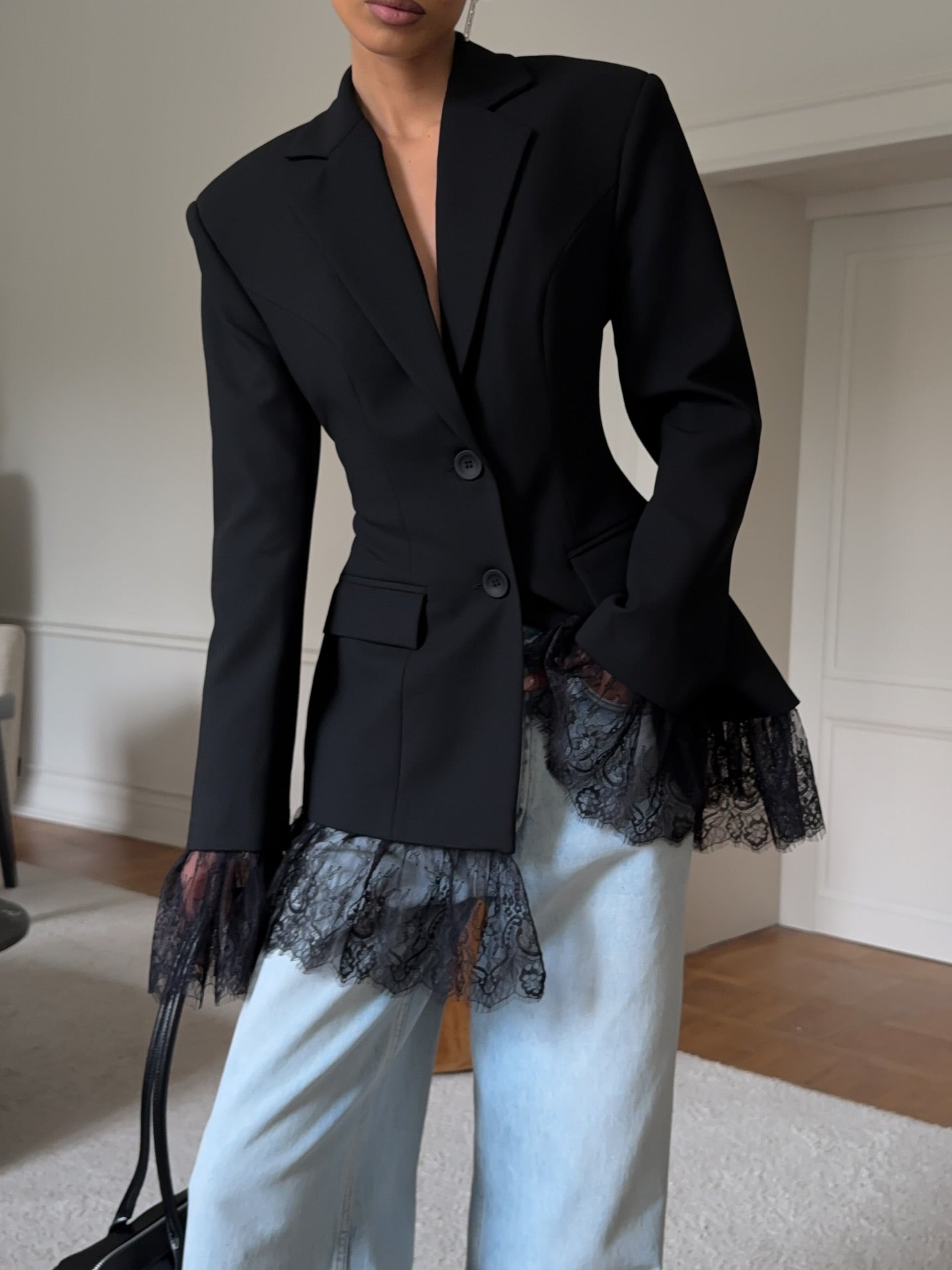 Elegant Lace-Trimmed Black Blazer