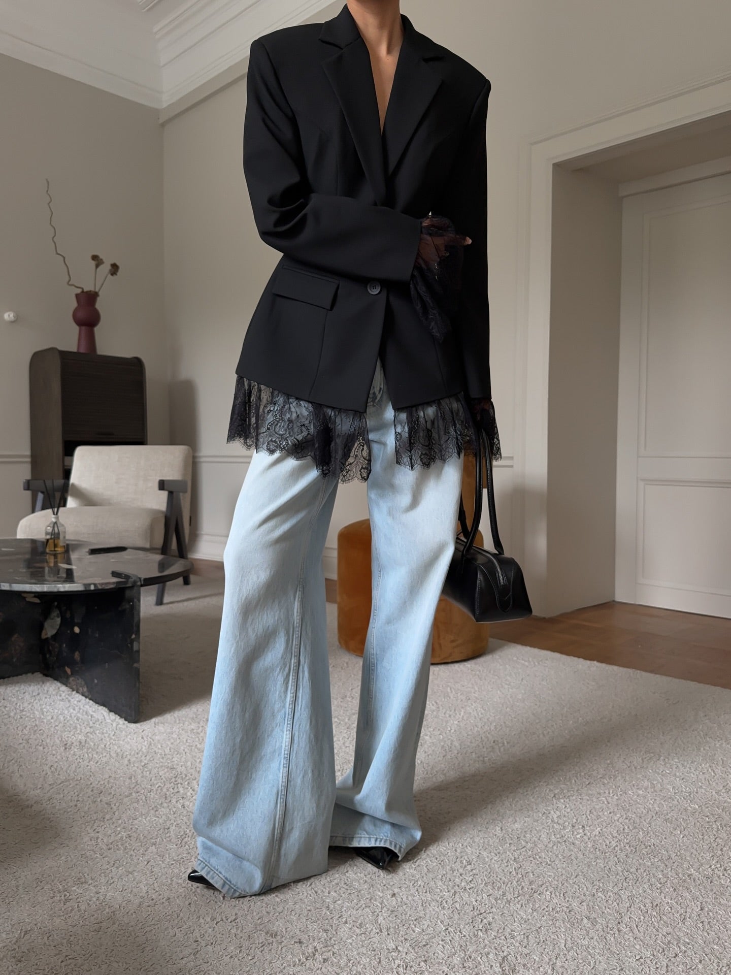 Elegant Lace-Trimmed Black Blazer