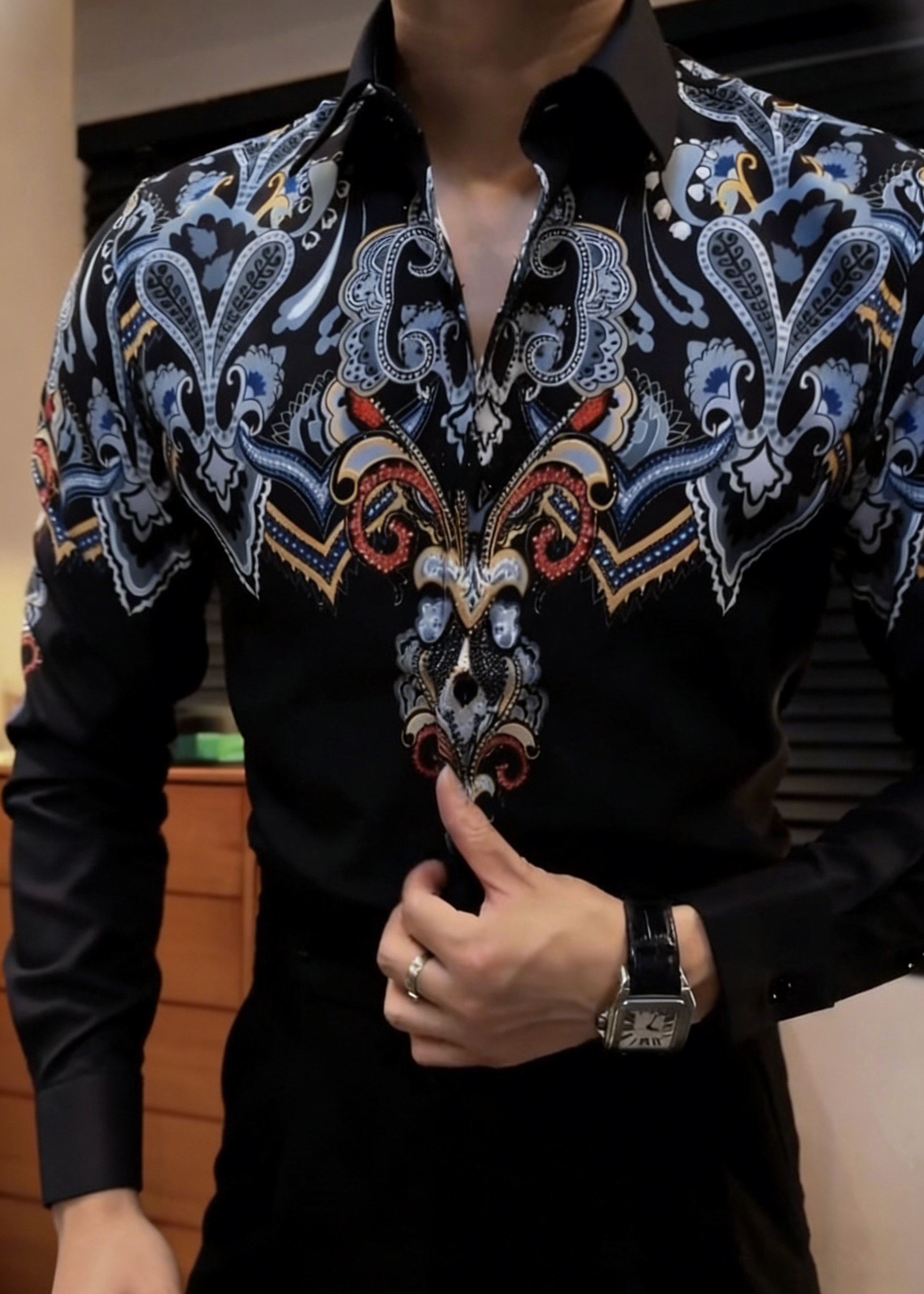 Luxury Baroque Butterfly Rhinestone Printed Shirt - Men's Slim Fit Non-Iron Vintage Dandy Dress Shirt