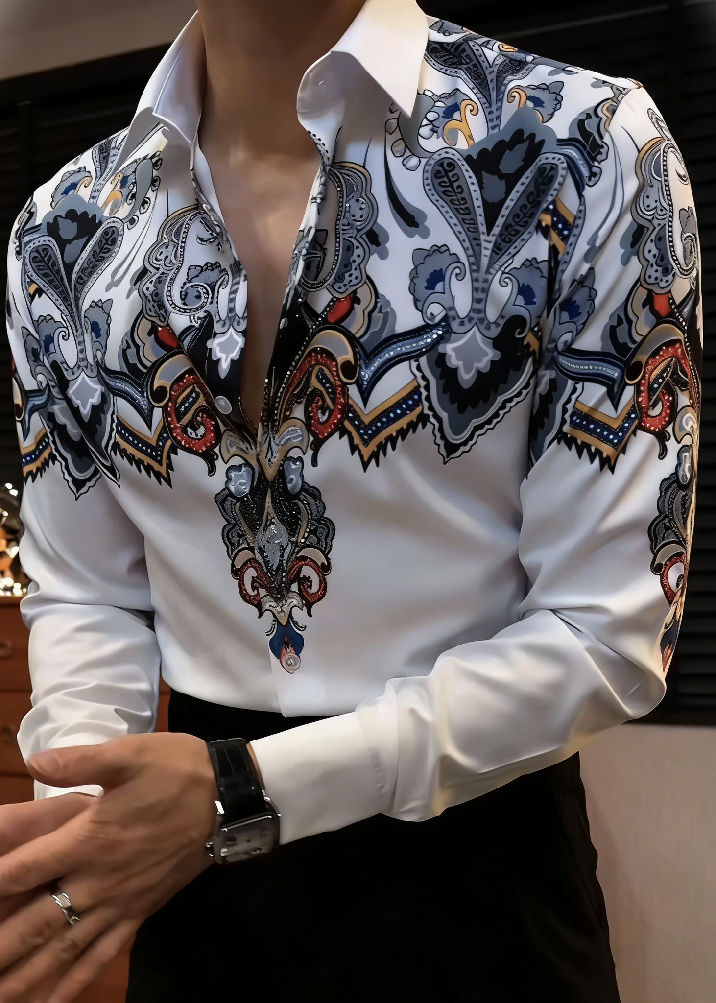 Luxury Baroque Butterfly Rhinestone Printed Shirt - Men's Slim Fit Non-Iron Vintage Dandy Dress Shirt