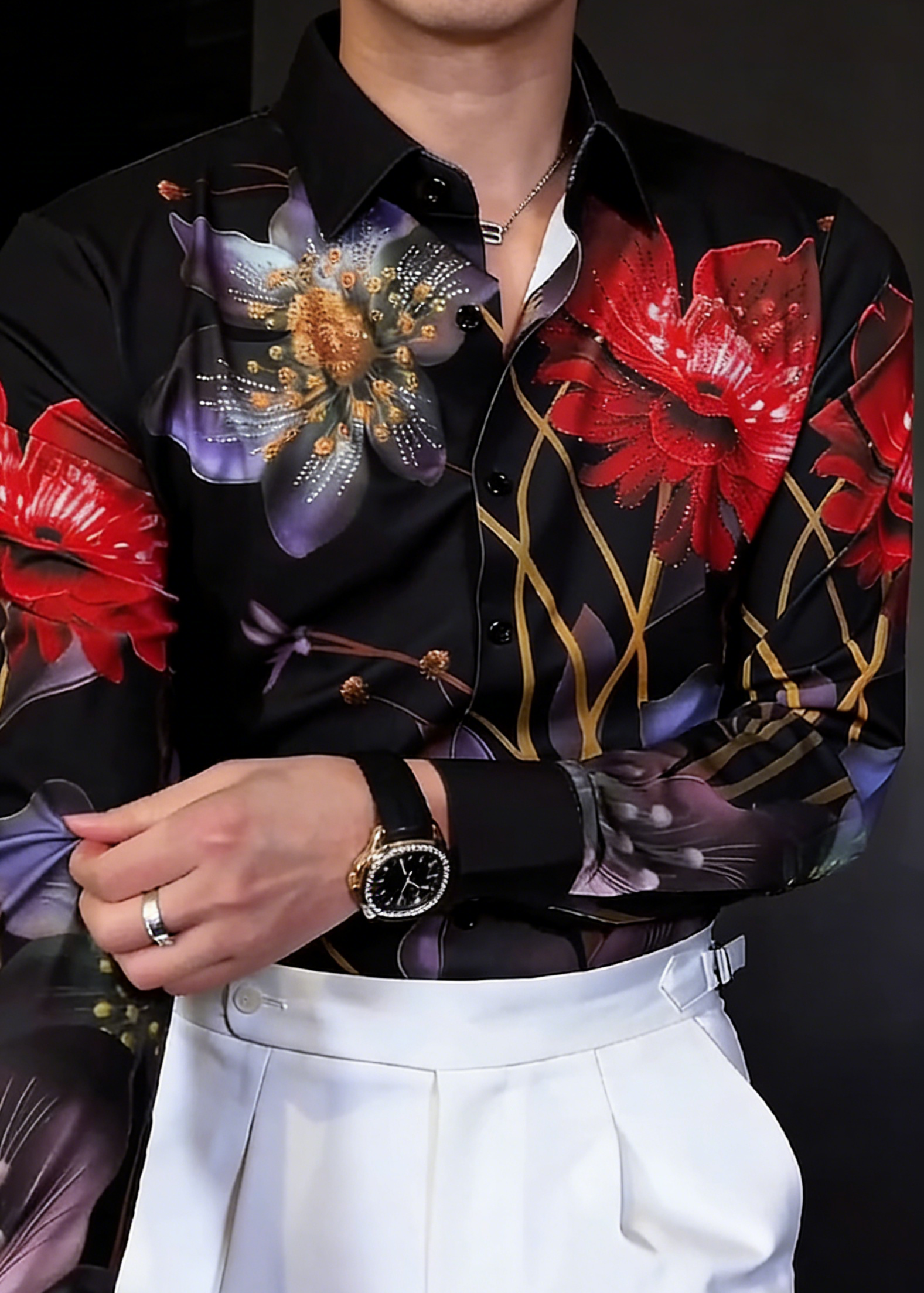 Luxury Baroque Butterfly Rhinestone Printed Shirt - Men's Slim Fit Non-Iron Vintage Dandy Dress Shirt