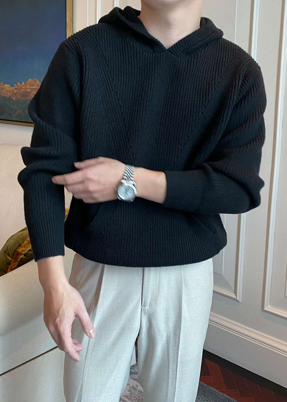 Men's Hooded Thick Knit Sweater - British Style Warm Pullover Hoodie for Fall Winter