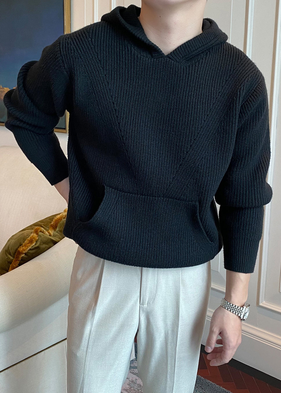 Men's Hooded Thick Knit Sweater - British Style Warm Pullover Hoodie for Fall Winter