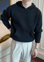 Men's Hooded Thick Knit Sweater - British Style Warm Pullover Hoodie for Fall Winter