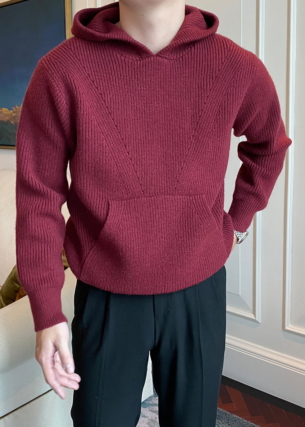 Men's Hooded Thick Knit Sweater - British Style Warm Pullover Hoodie for Fall Winter