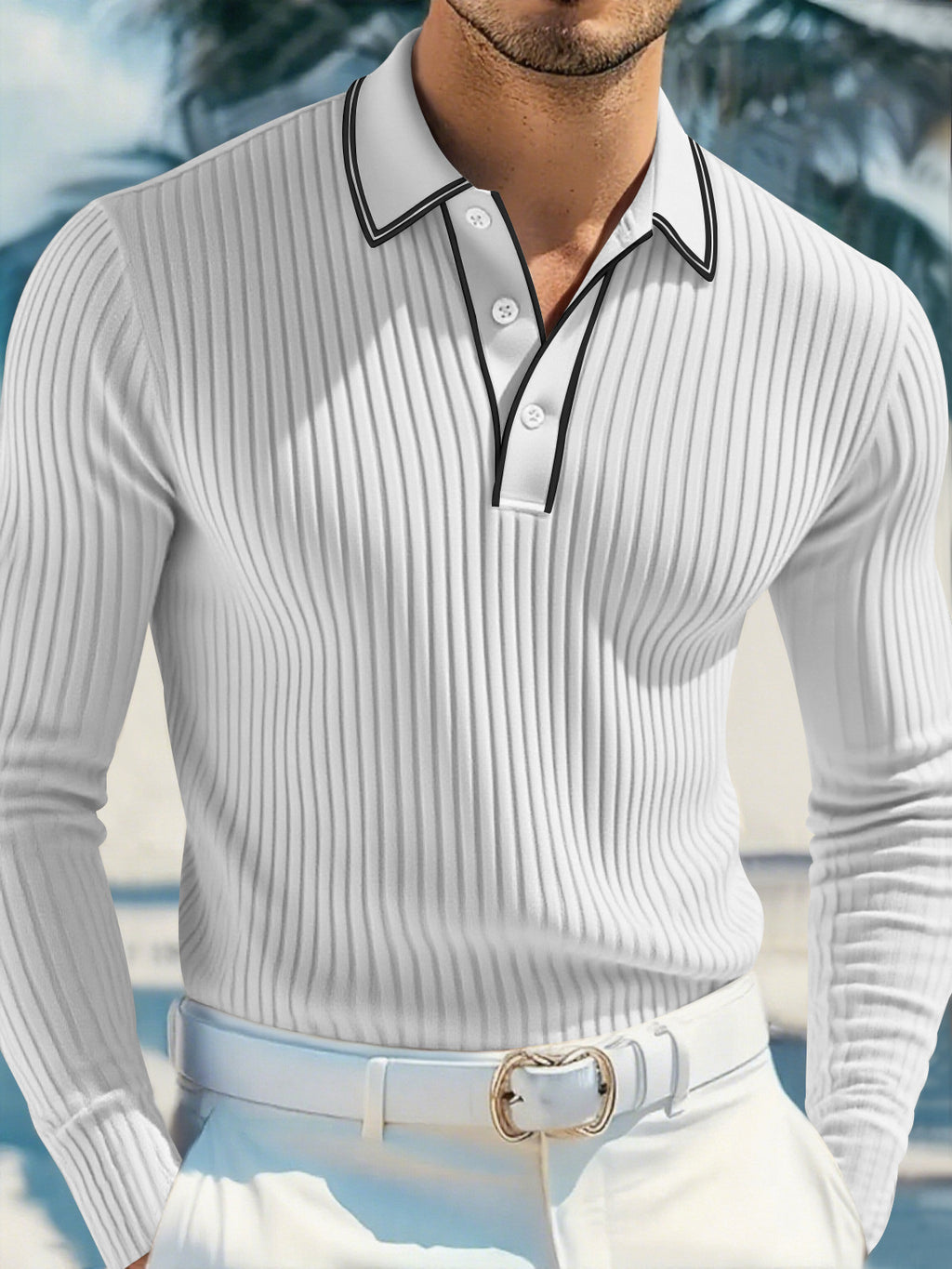 Men's Premium Vertical Ribbed Long Sleeve Polo Shirt - Slim Fit Business Casual Knitwear