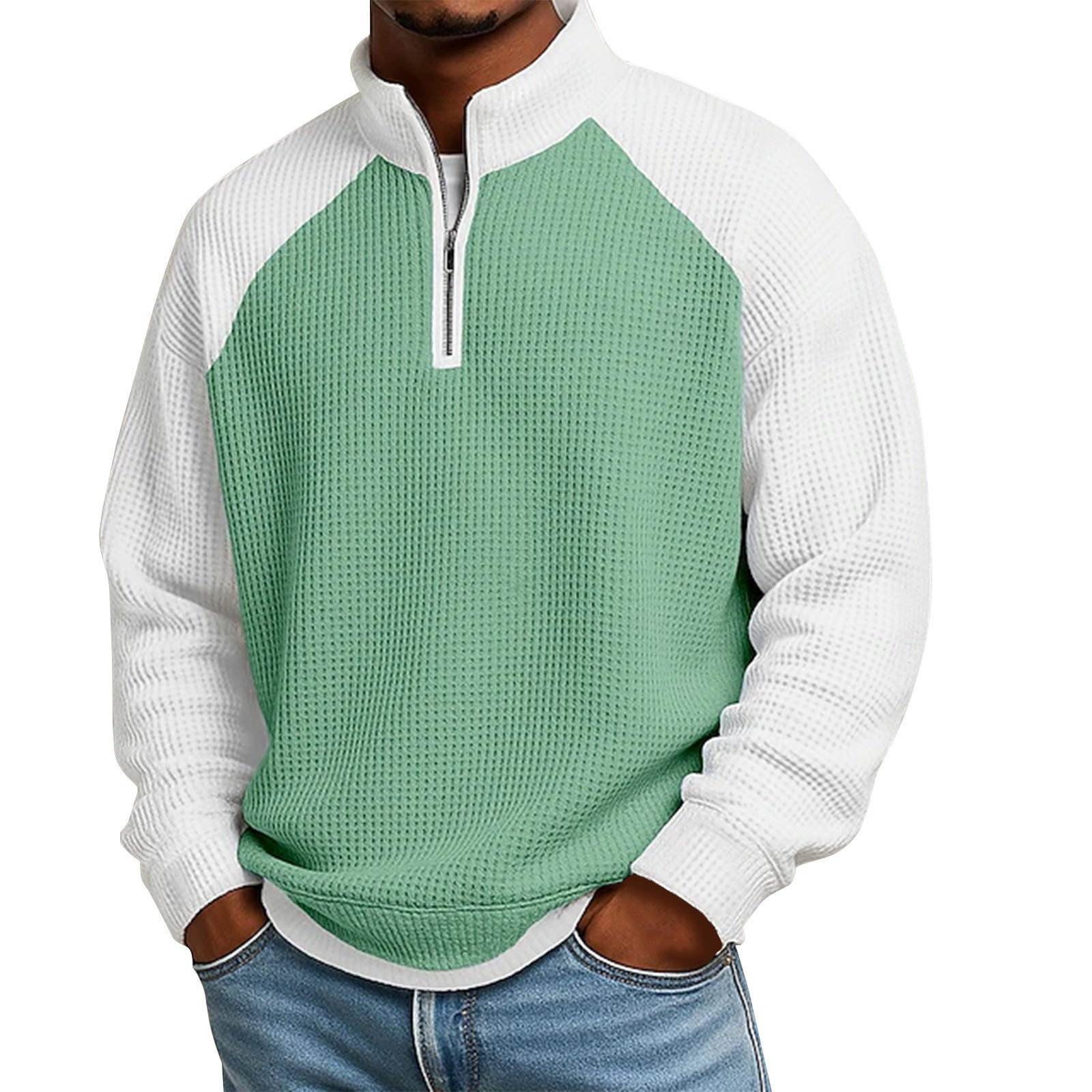 Men's Casual Color-Block Waffle Knit Quarter-Zip Pullover