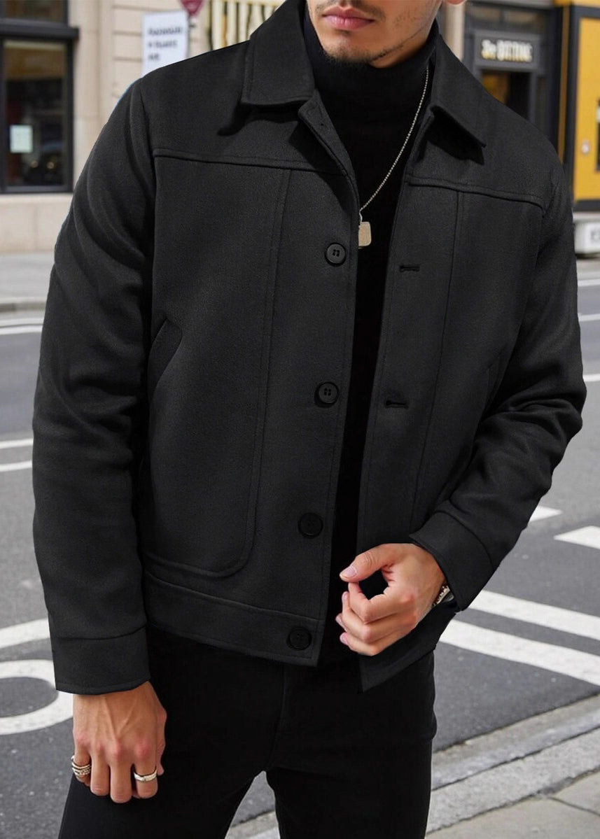 Men’s Retro Wool-Blend Button Jacket – Classic Lapel, Short Vintage Coat for Spring & Fall