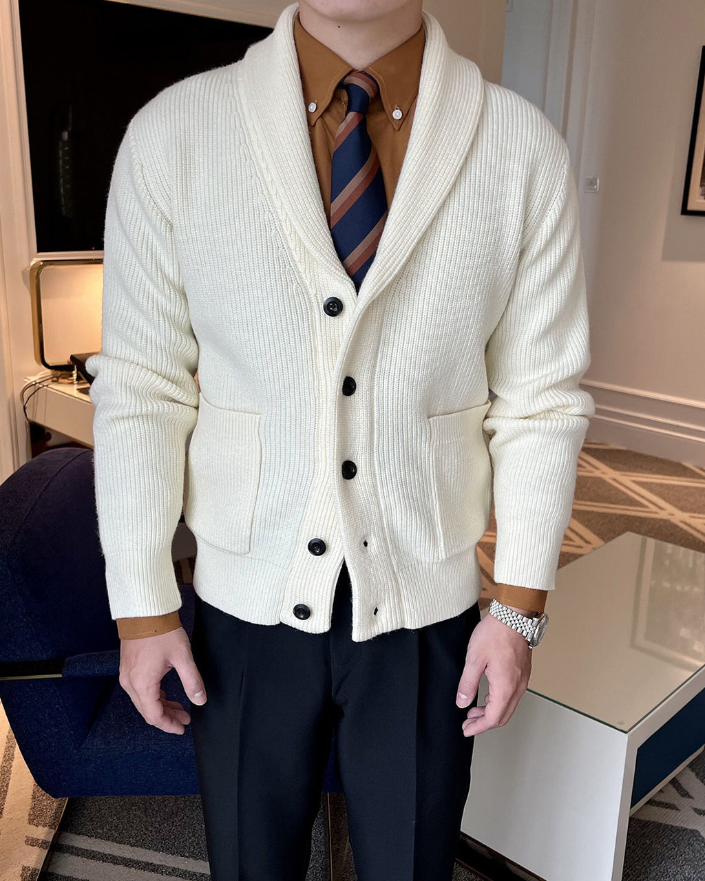 Shawl Collar Knit Cardigan for Men – Retro Business Casual Winter Sweater