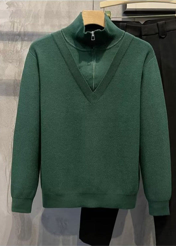 Men's Fake Two-Piece Semi-Zip Sweater - Solid Color Long Sleeve Knitwear for Autumn/Winter